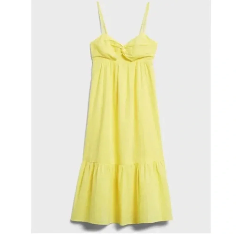 Banana Republic Linen Front Knot Midi Dress Pastel Butter Yellow Size 6 NWT